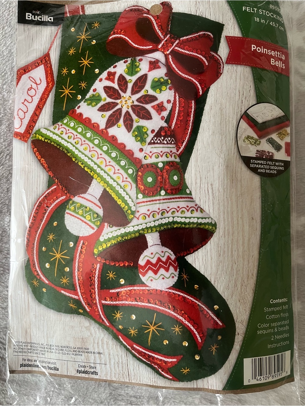 Vintage Bucilla “Poinsettia Bells”Felt Stocking in Red, Green, White Kit